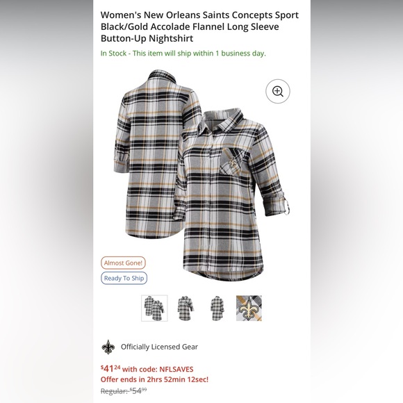 NFL New Orleans Saints Black/Gold Flannel Long Sleeve Button-Up XXL Nightshirt - Picture 8 of 8